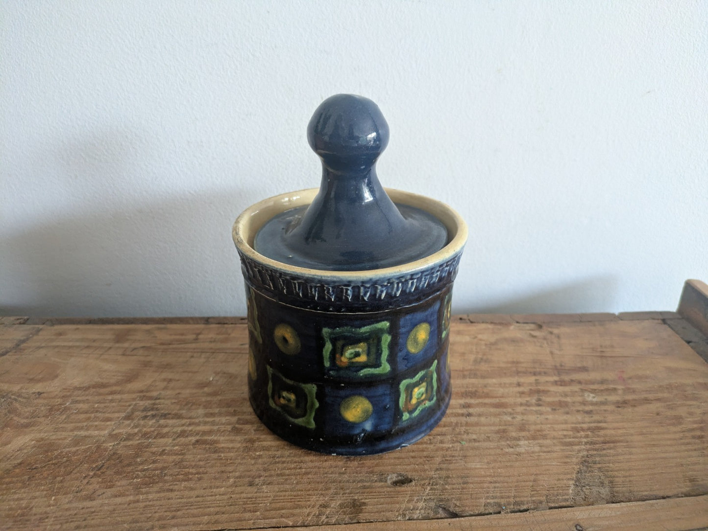 French Saint Jorioz La Poterie d'Annecy Hand Painted Butter Dish Pot Blue Lidded