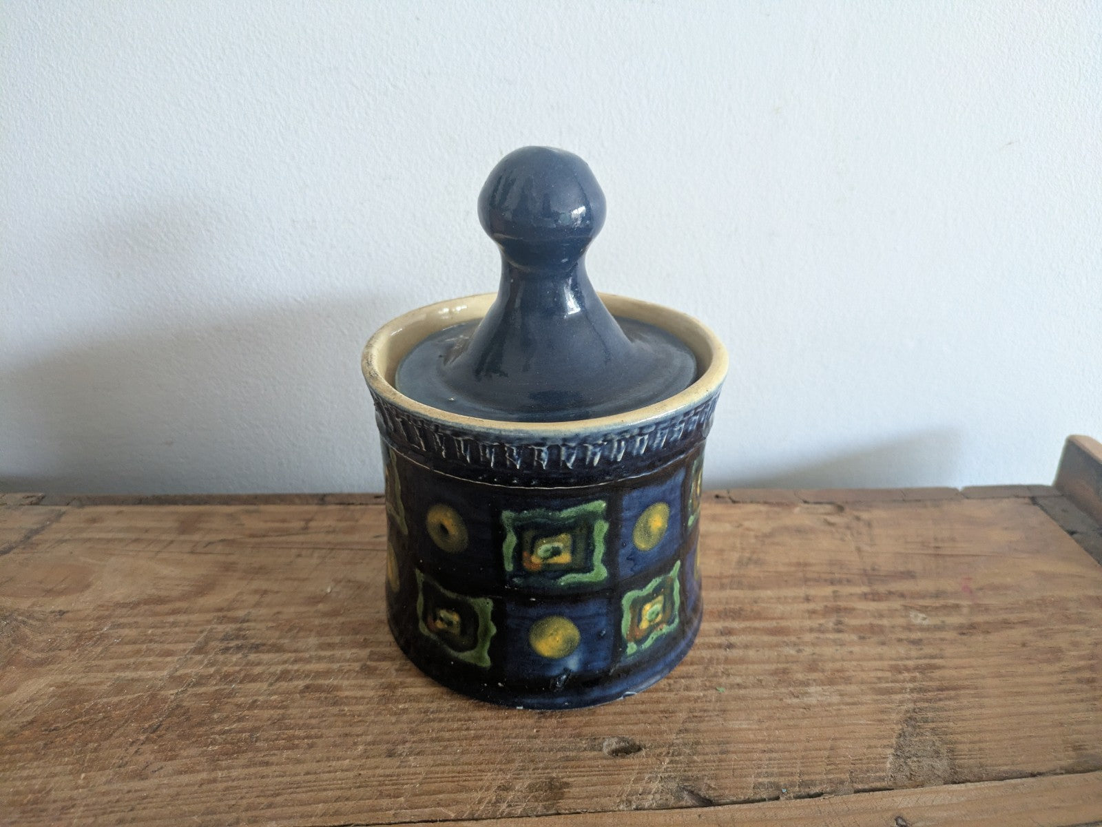 French Saint Jorioz La Poterie d'Annecy Hand Painted Butter Dish Pot Blue Lidded