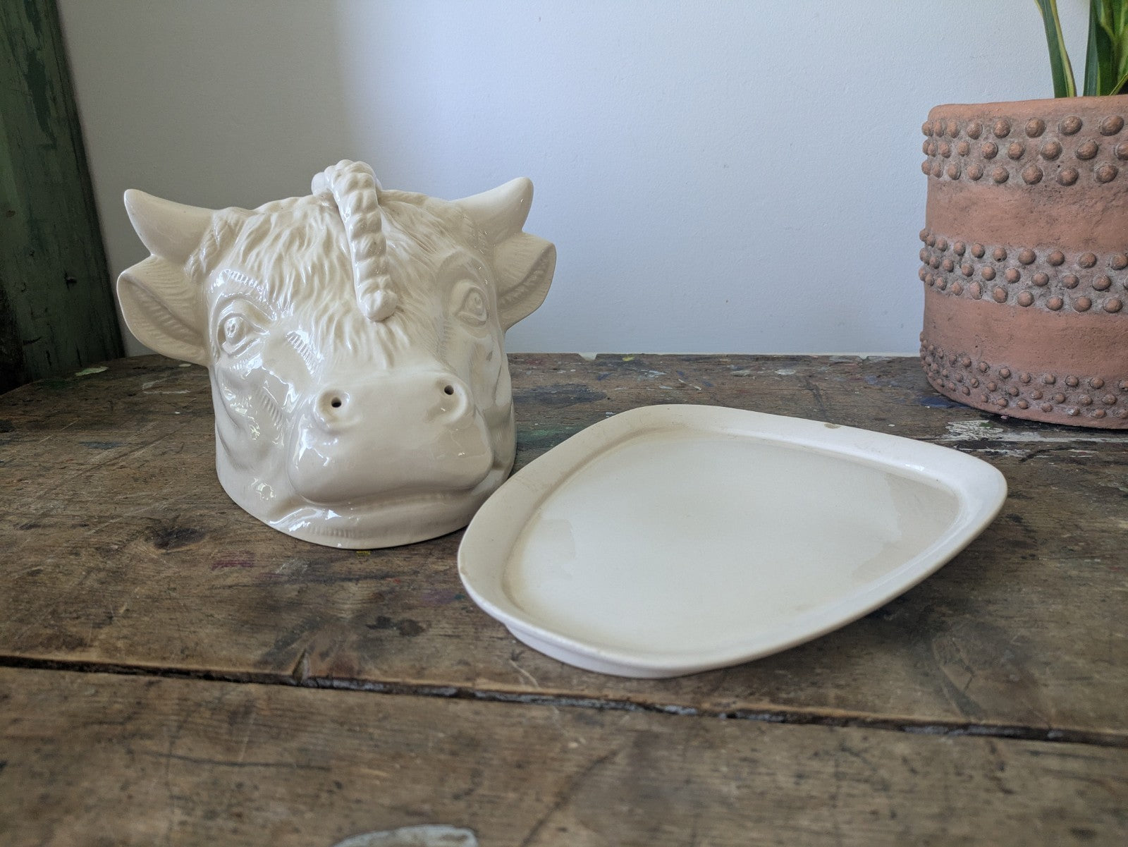 Rare Bull Head Cheese Dish Cloche With Plate Vintage Antique Cream Ceramic Old 