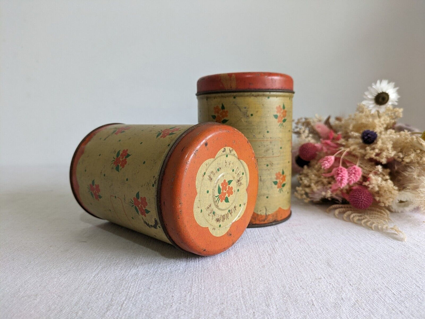 2x Vintage 1930s 20s Handiware Ditsy Storage Tin / Canister Rare Prop Kitchen