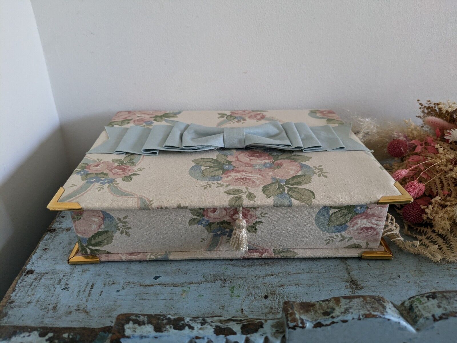 vintage floral Ribbon jewellery box Rose flowers organizer fabric cover Sewing