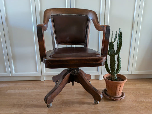 Swivel Office Desk Chair Oak Edwardian Antique Factory Captains Home Leather Vgc