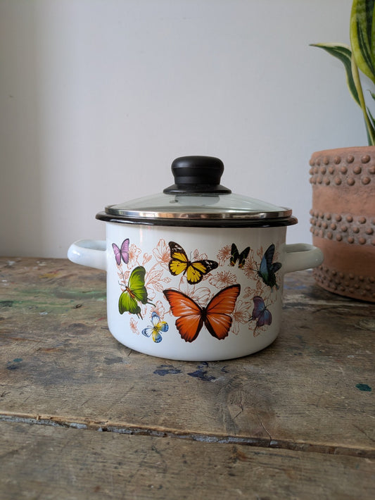Butterfly Enamel Cooking Pot Vintage Style Glass Lid Saucepan Pan Prop Kitchen