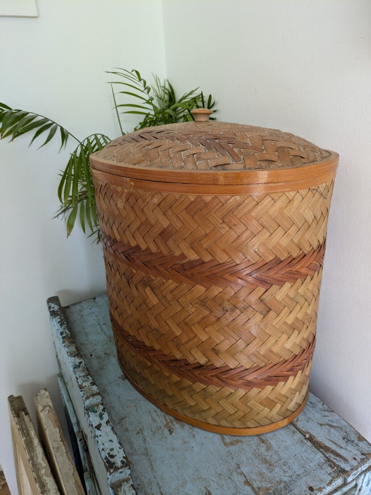 RARE LARGE VINTAGE TIGHT HANDWOVEN WICKER CANE BASKET WITH LID OVAL WOODEN VGC