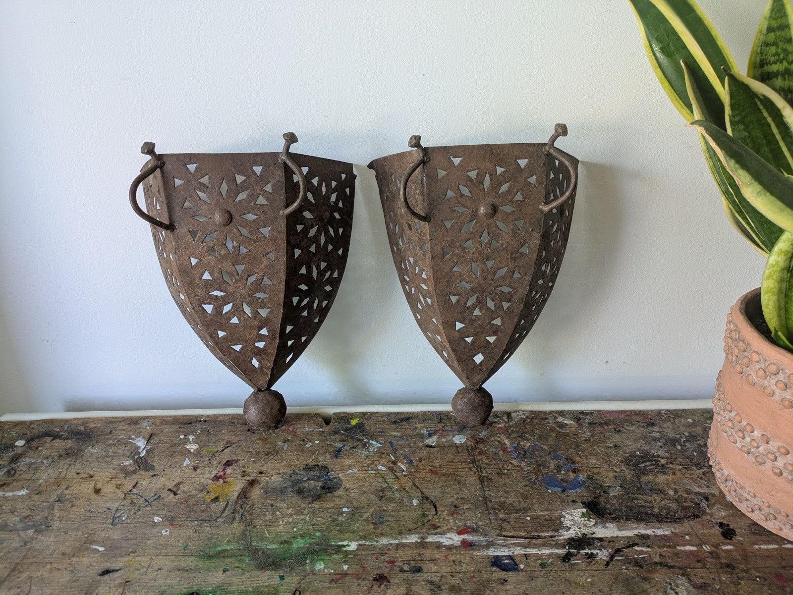 Pair Handmade Pierced Open Iron Moroccan Wall Sconces Lights Candles Lamp Decor