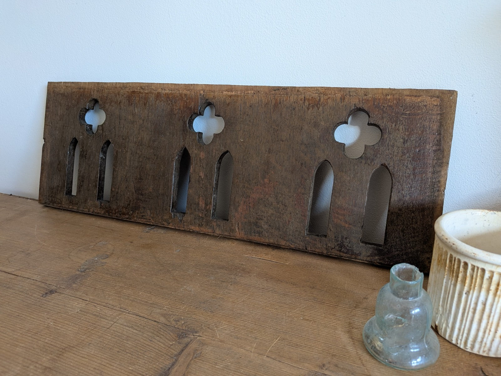 Antique Gothic Revival Panel Solid Oak Wood Salvage Lecturn Piece Clover Arch