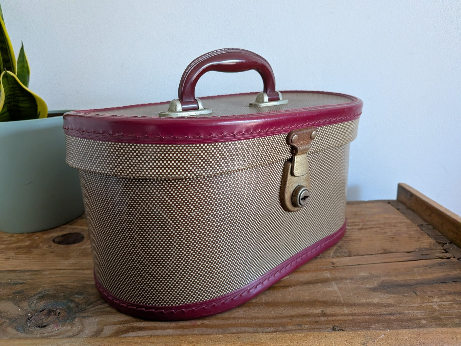 Vintage Cheney Vanity Case Child's Suitcase Luggage Prop Maroon Two-tone TV Film