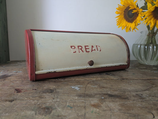 Vintage Red Cream Bread Bin Roll Top Metal Kitchen Storage Retro England Prop