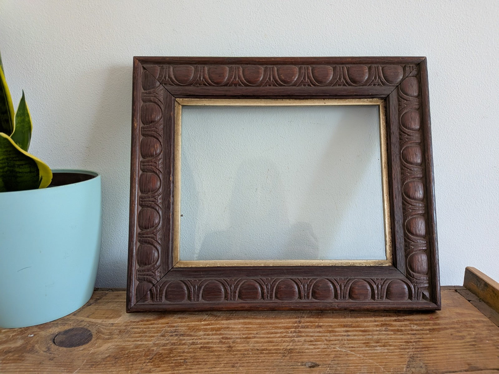 1920s Antique Oak Picture Frame Art Deco With Original Glazing Photo Art Carved