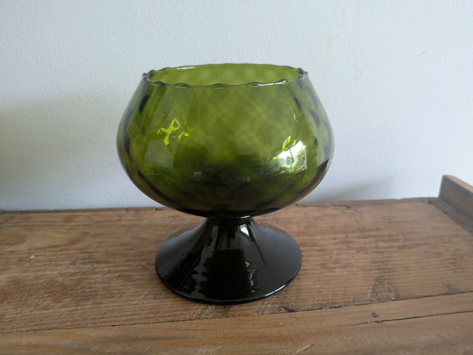 MCM Empoli Italian Brandy Snifter Green Diamond Optic Vase Hand-blown Stubby 