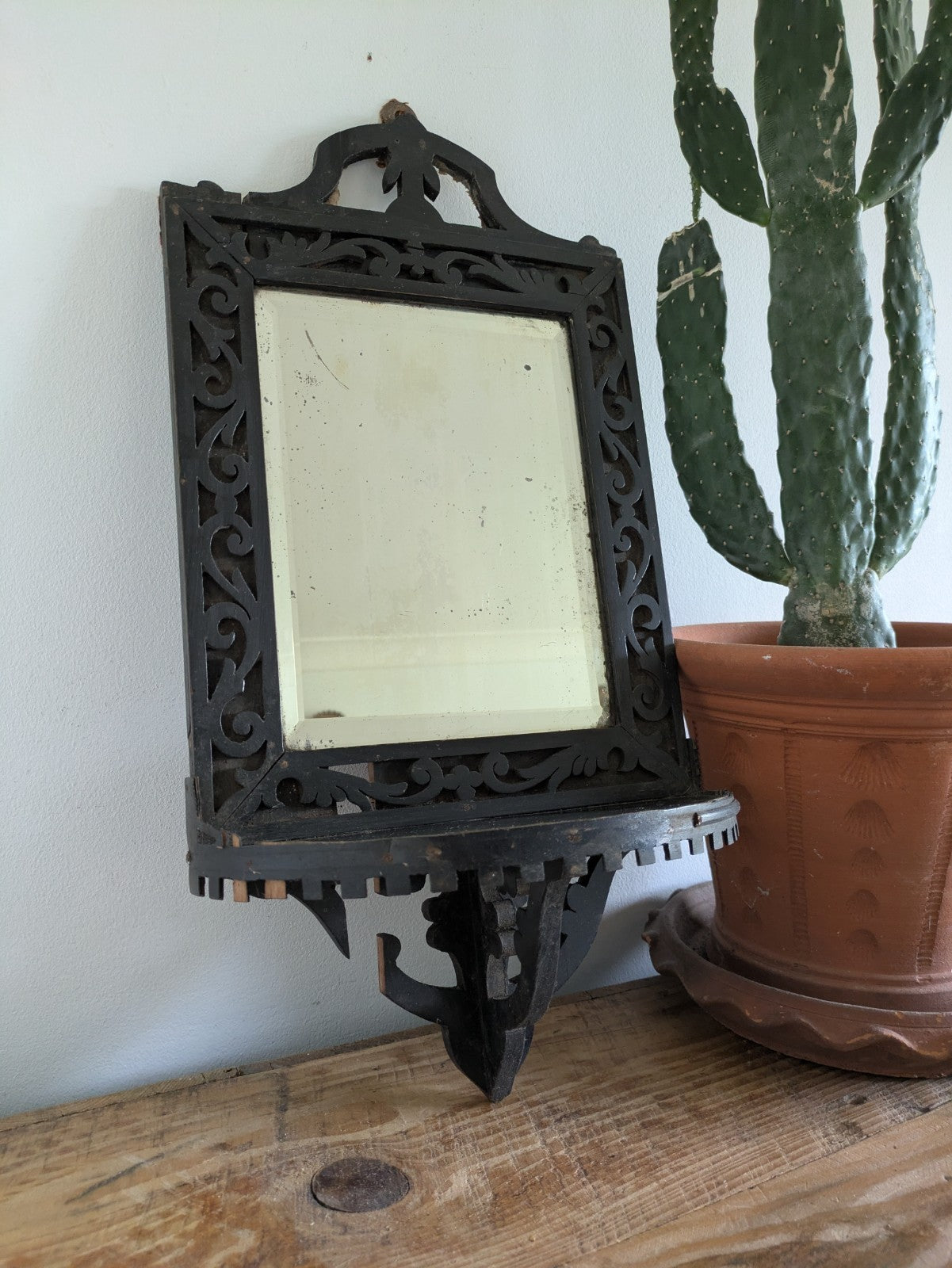Antique 19th Cent Victorian Ebonised Wood Wall Sconce Mirror Glass Candle Shelf