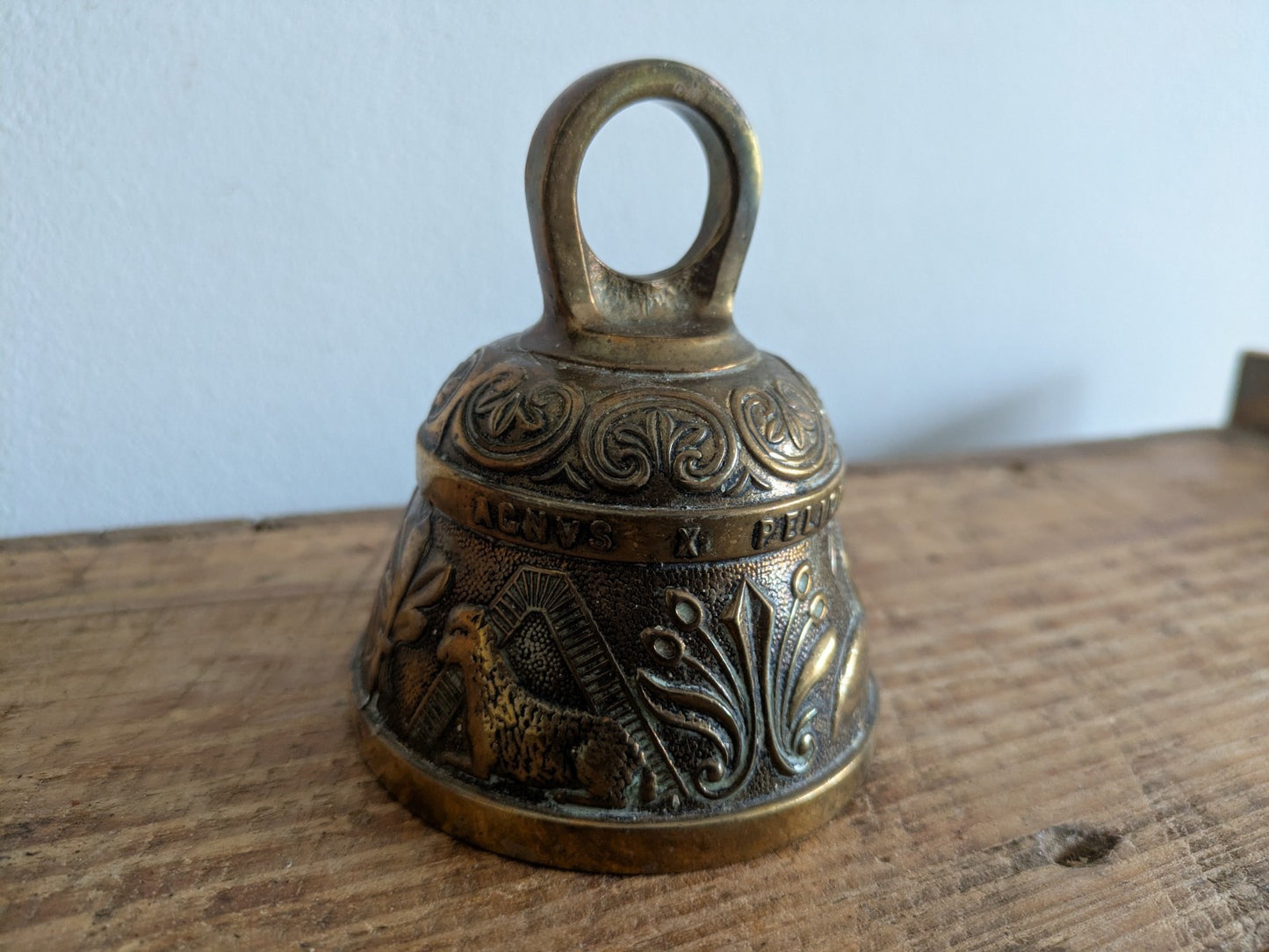 Sanctuary Bell 'Acnvs Pelicanvs Leo & Aovila' England Vintage Brass With Clapper