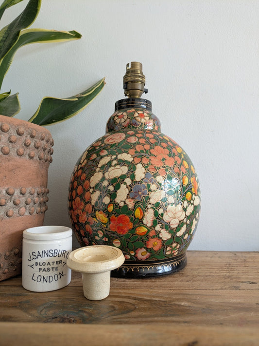 Lamp Base Vintage Kashmiri Indian Lacquer Papier Mache Gilded Flower Cloisonne