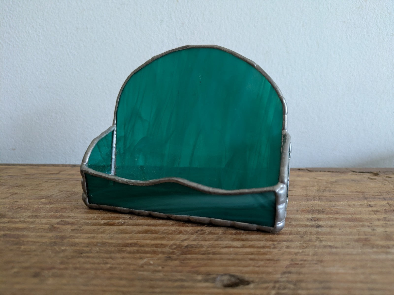 Handmade Stained Glass Business Card Holder Teal Green Leaded Rack Decor Gift 