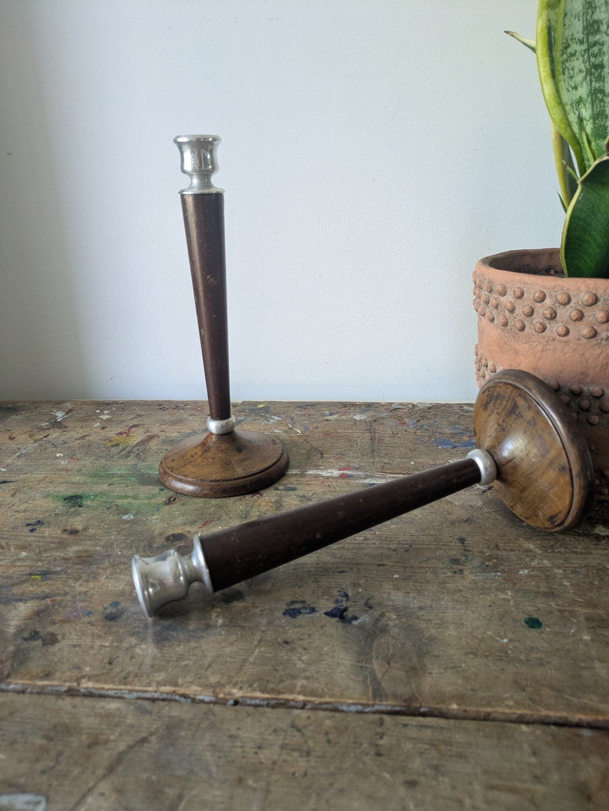 Pair of Antique Classic Tall Wood & Metal Candle Sticks Holders Art Deco Vintage