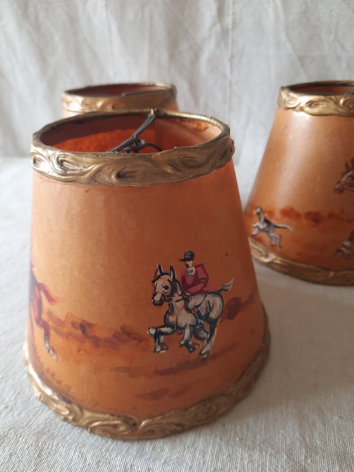3x Rare Vintage 1950s Clip-on Lamp Shade Hand Painted Hunting English Dog Horse