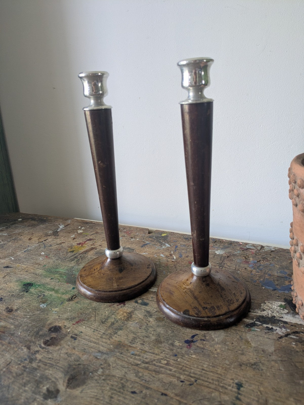 Pair of Antique Classic Tall Wood & Metal Candle Sticks Holders Art Deco Vintage