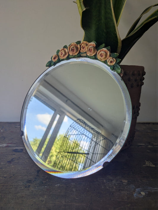 Vintage Barbola Mirror Circa 20s 1930s art deco floral antique Round bevel edge
