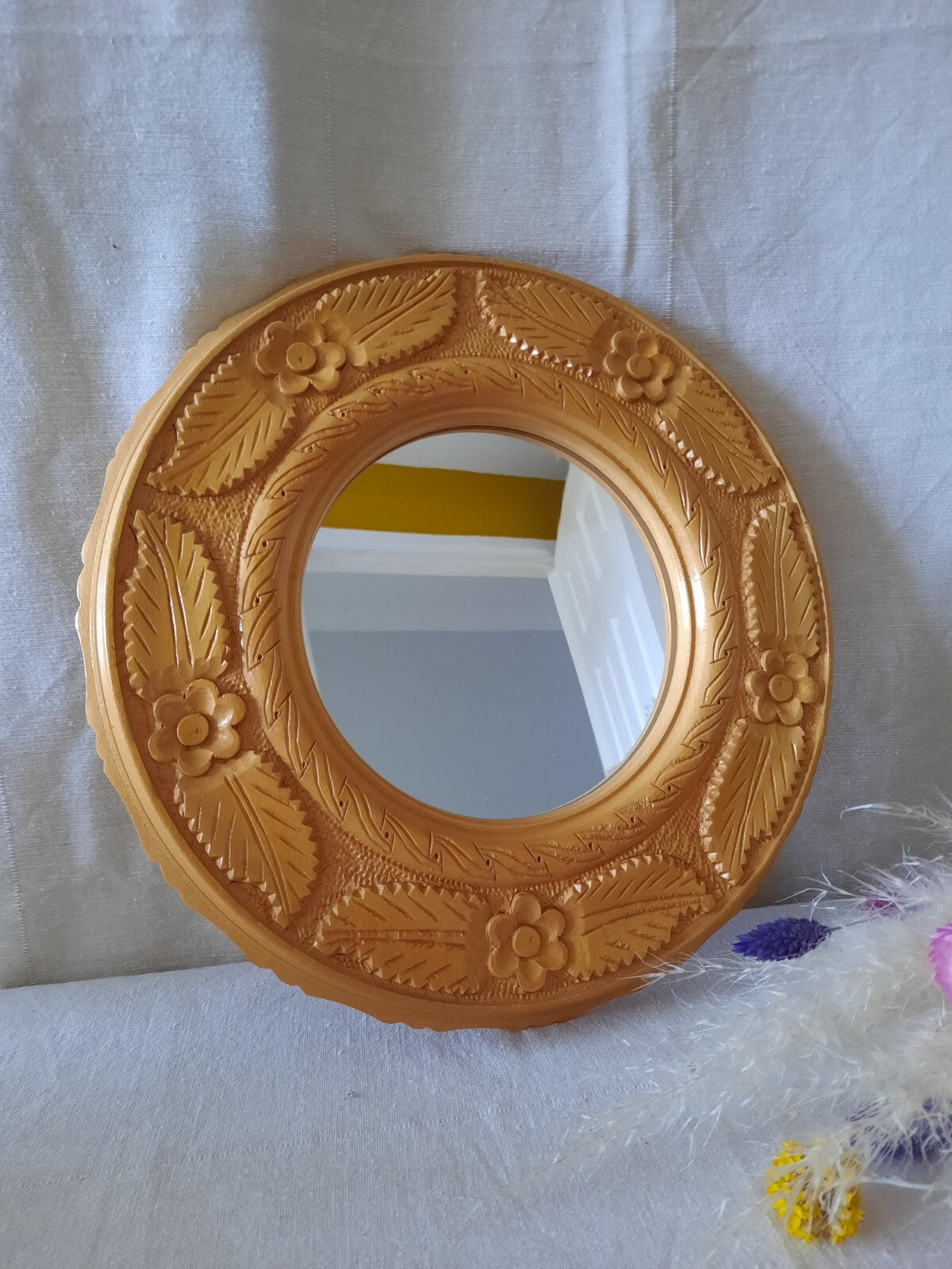Vintage hand Carved Wood Floral Round Wall Mirror Austrian 1970s 1980s Boho RARE