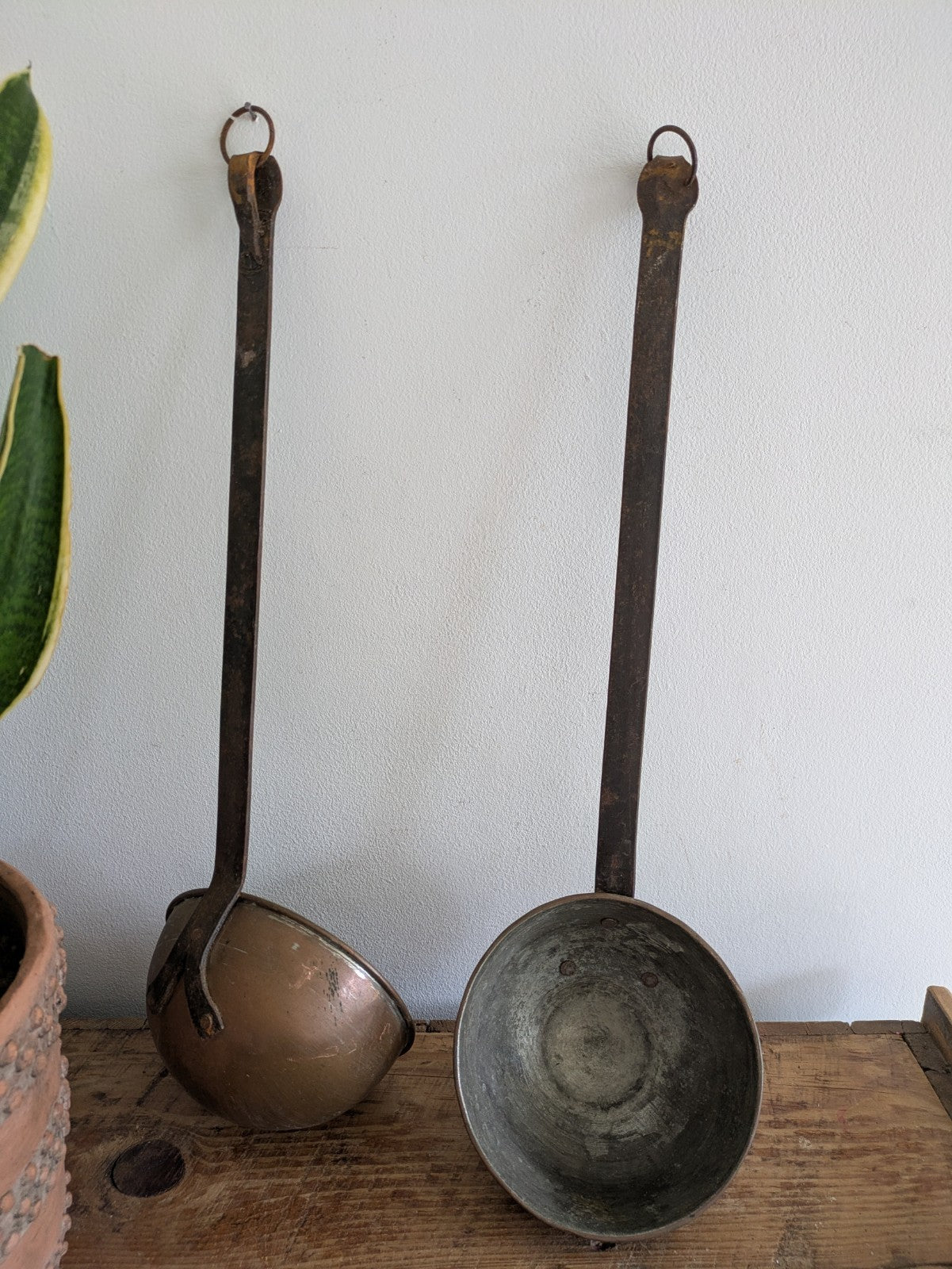 2x Antique Copper Iron Ladle Hand Forged Victorian Scoop Wall Hanging Spoons Vtg