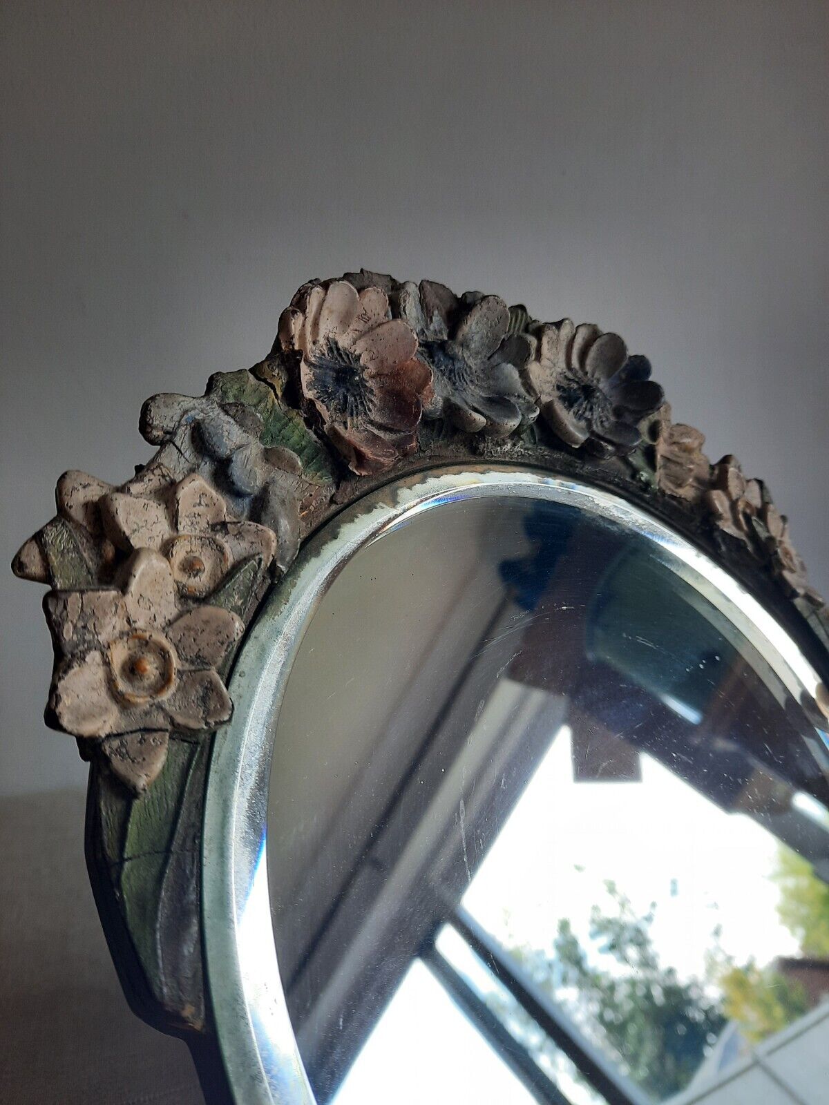 Vintage Barbola Mirror Circa 20s 1930s art deco floral antique Round bevel edge
