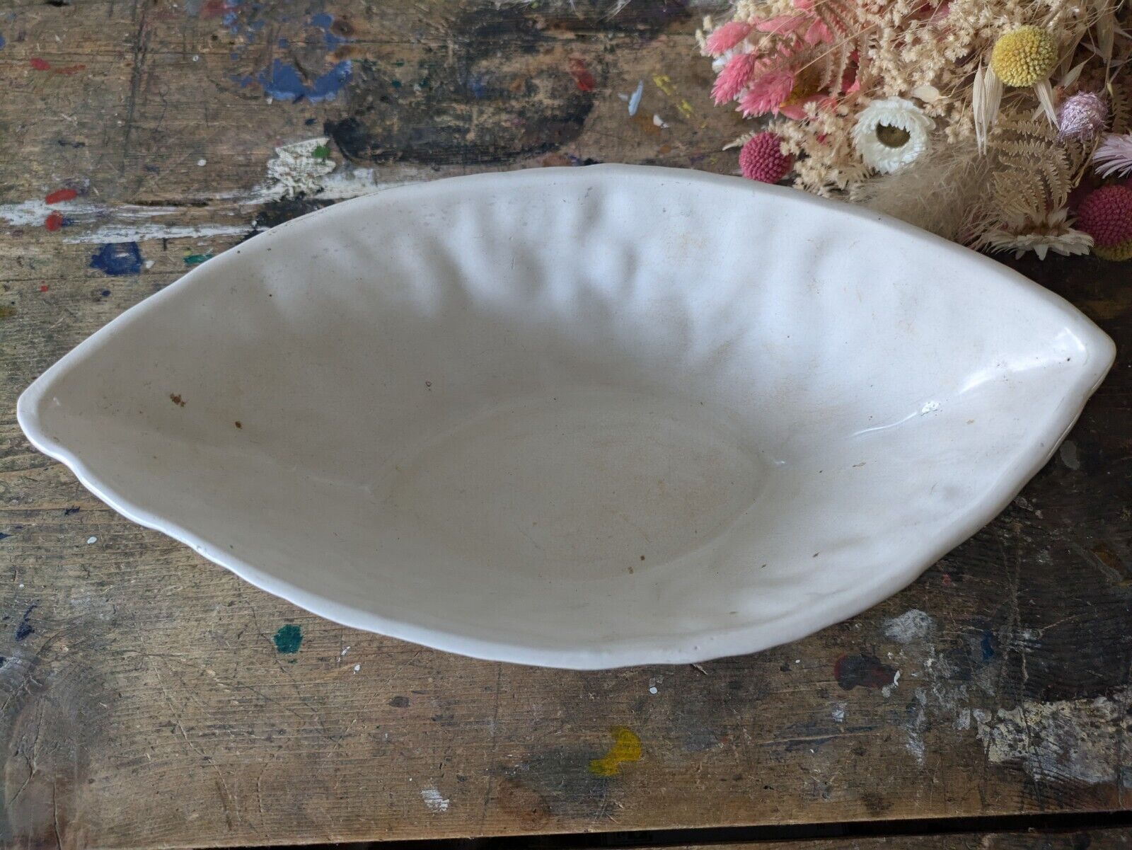 Vintage Large Oval Tree Stump Bark Ceramic Vase White Mantle Retro Prop Planter