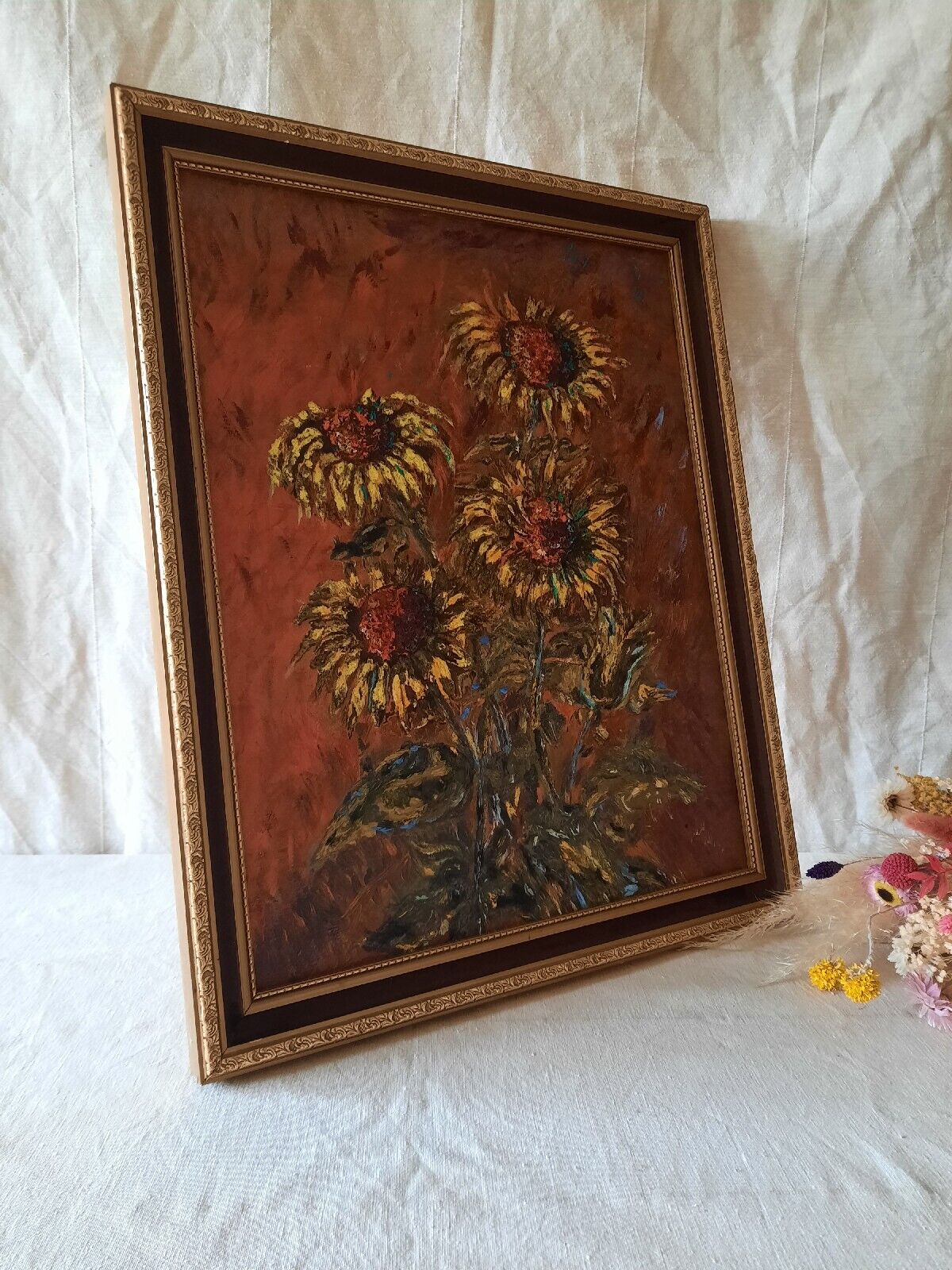 Large Original Vintage 1970s Still Life Of Sunflowers Oil On Board Painting Rare