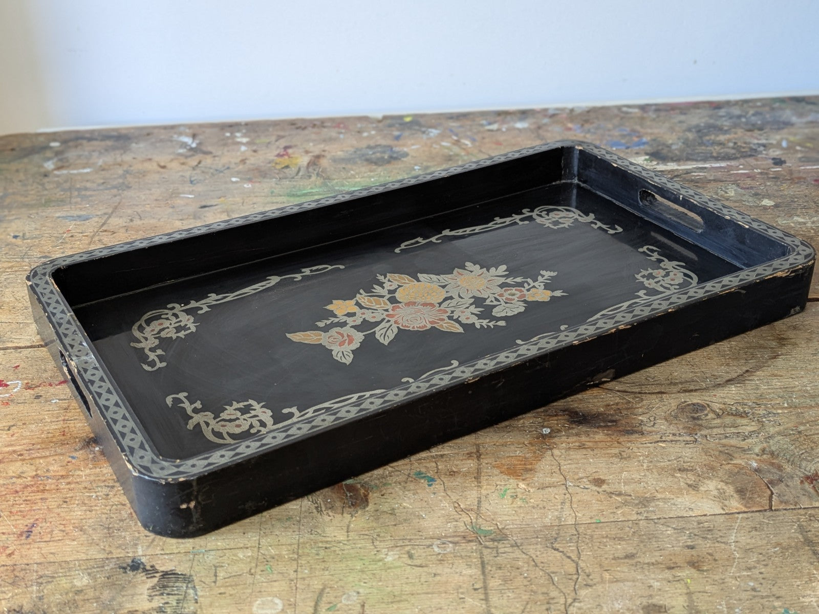 Vintage Chinese Lacquered Serving Tray c. 1950 Painted Floral Black Stencil Atq