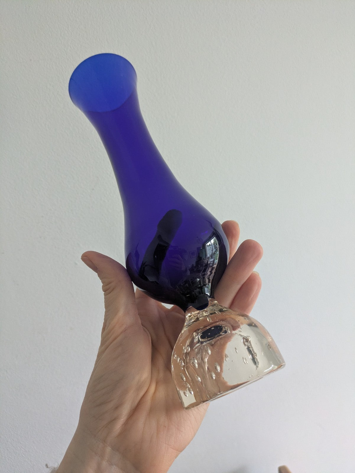 Cobalt Blue / Clear Glass Bubble Flower Stem Bud Vase Vintage Retro Mid Century 