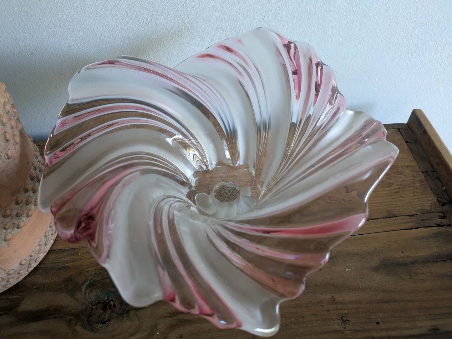 Vintage Walther Glass Belle Epoque Lead Crystal Foot Bowl 70s Red & White Large