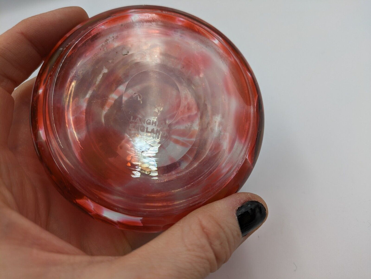 Vintage Red Mottled Langham Glass Perfume Bottle Shaped Rare Inkwell Art Prop