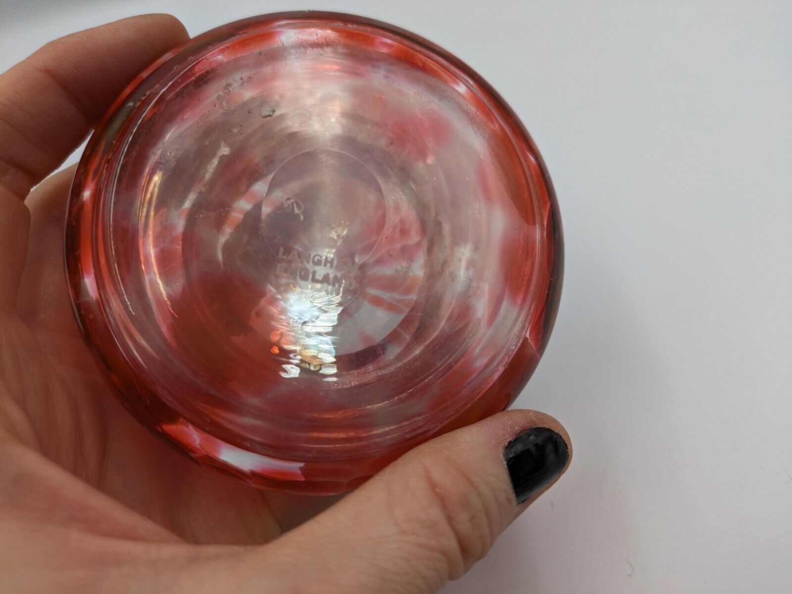 Vintage Red Mottled Langham Glass Perfume Bottle Shaped Rare Inkwell Art Prop