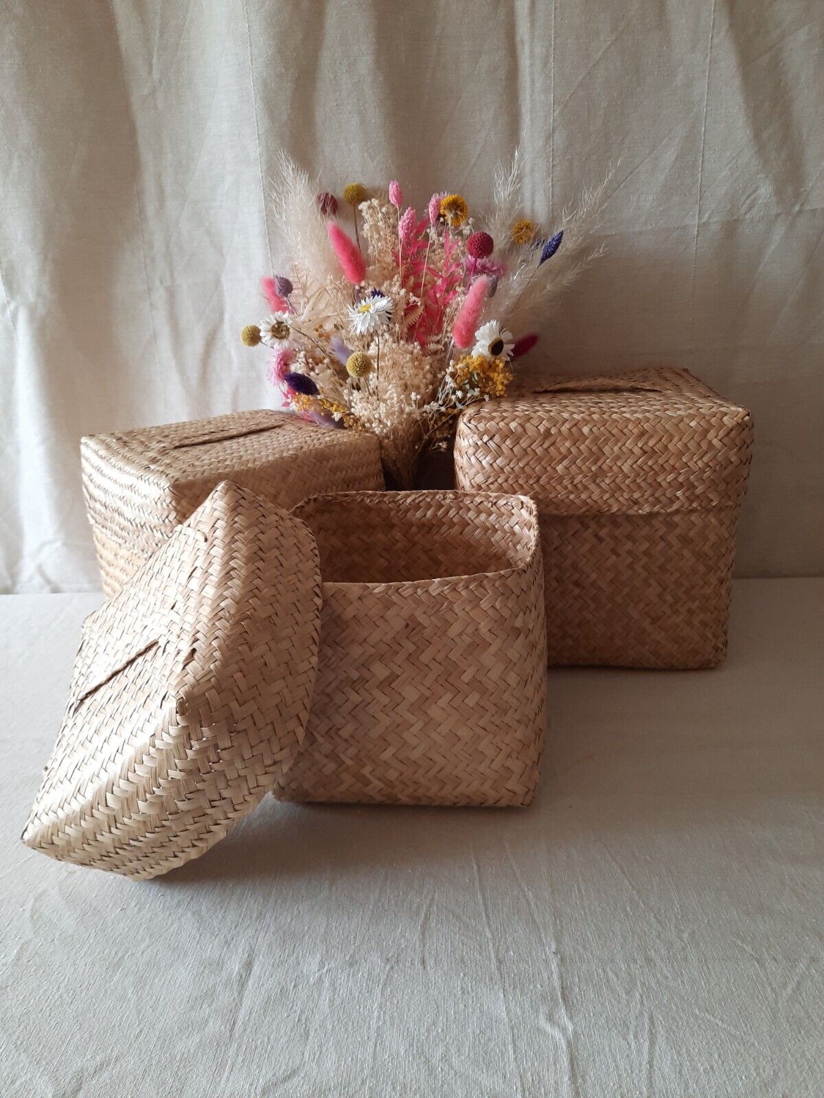 Set Of 3 Wicker Cane Woven Nested Storage Baskets Boxes Stacking graduated squar