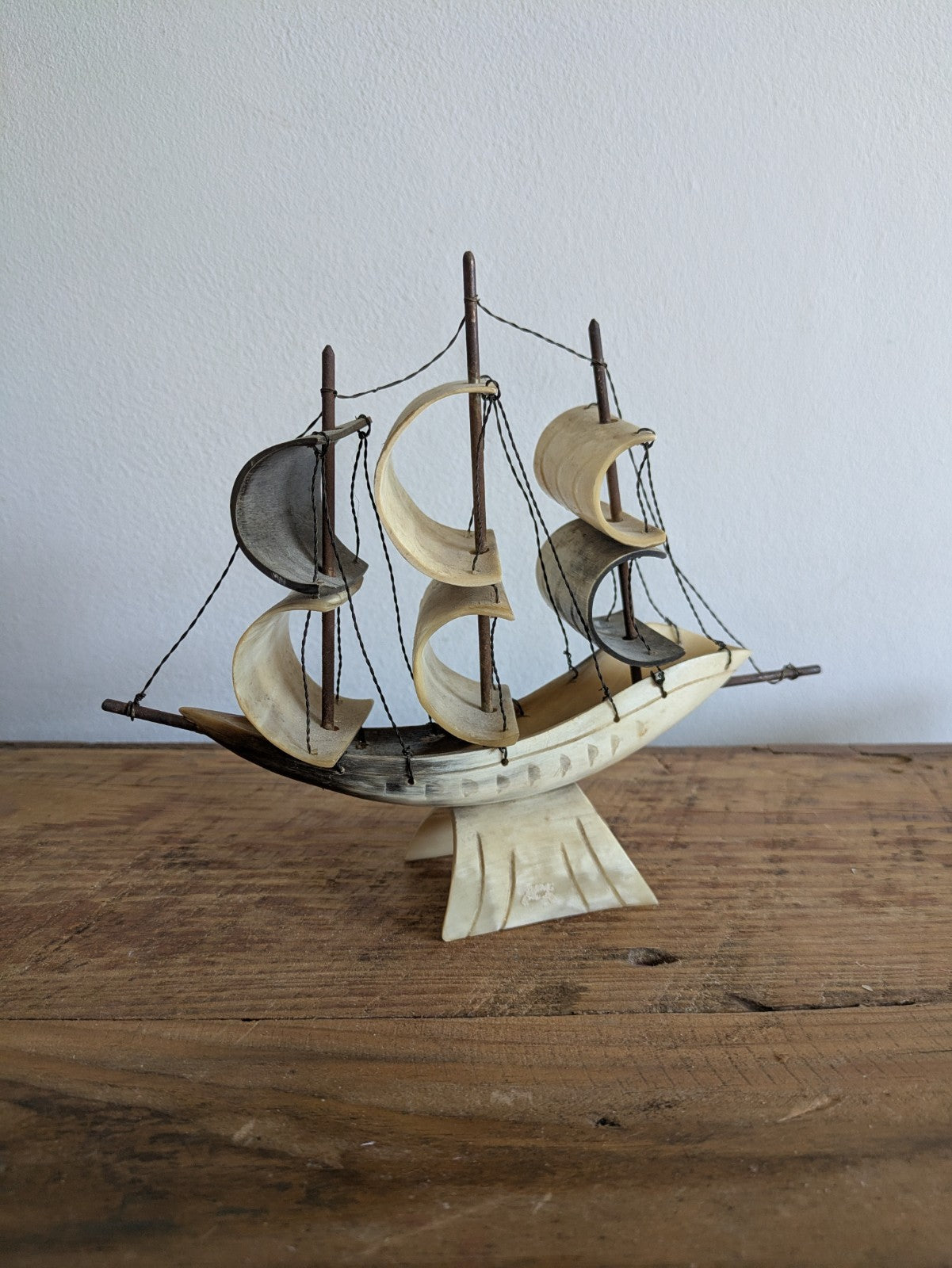 Vintage Hand Carved Nautical Sailing Ship Boat Made of Horn 3-Masts. Props Gift