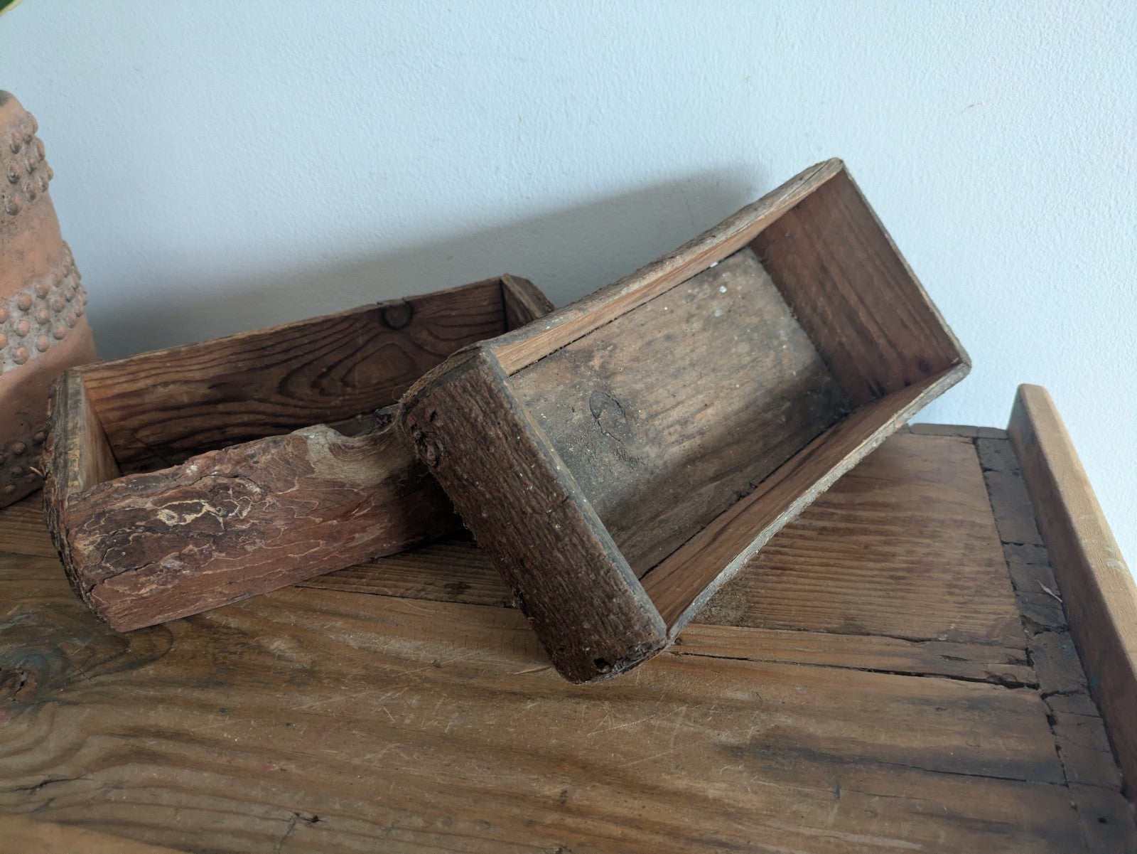 Pair Of Reclaimed Rustic Wood Handmade Box Planter Centerpiece Log Farmhouse Vgc
