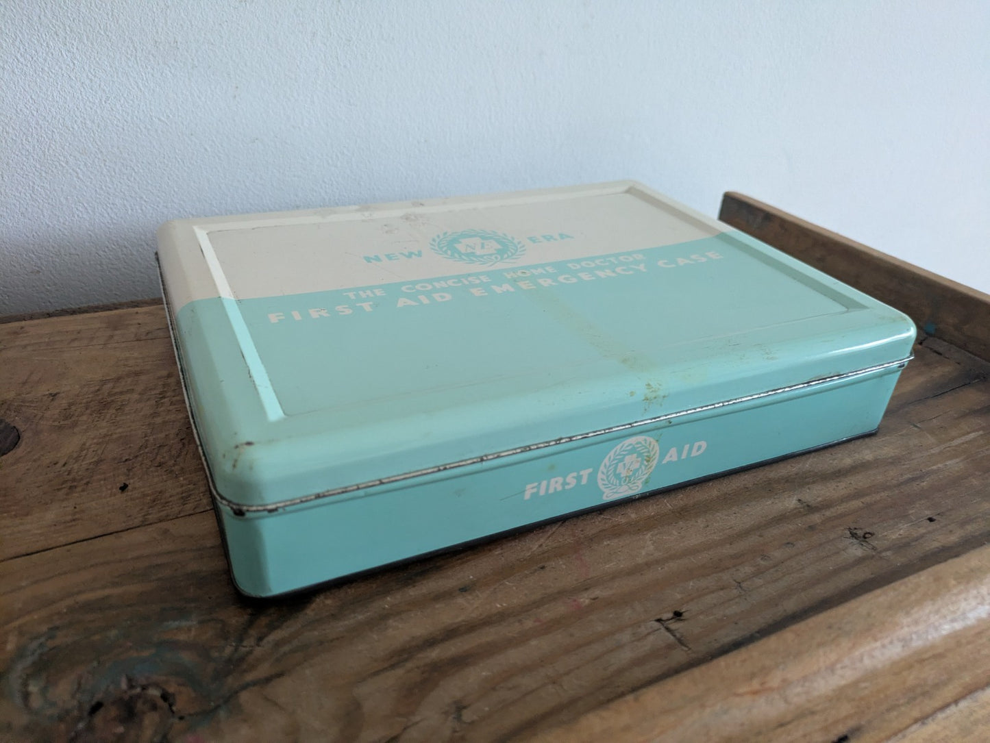 Vintage New Era First Aid Tin Metal Box Storage Prop Medical Retro Bathroom Old