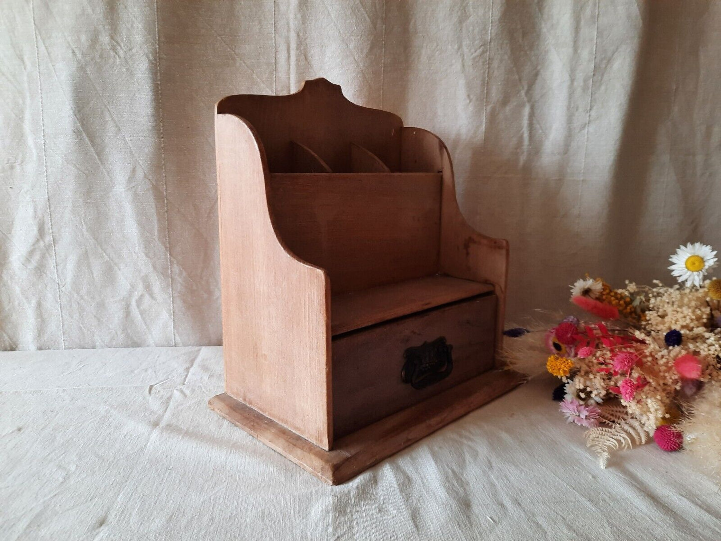 Antique Victorian Desk Tidy with Drawer / Letter Rack pen holder sections wooden