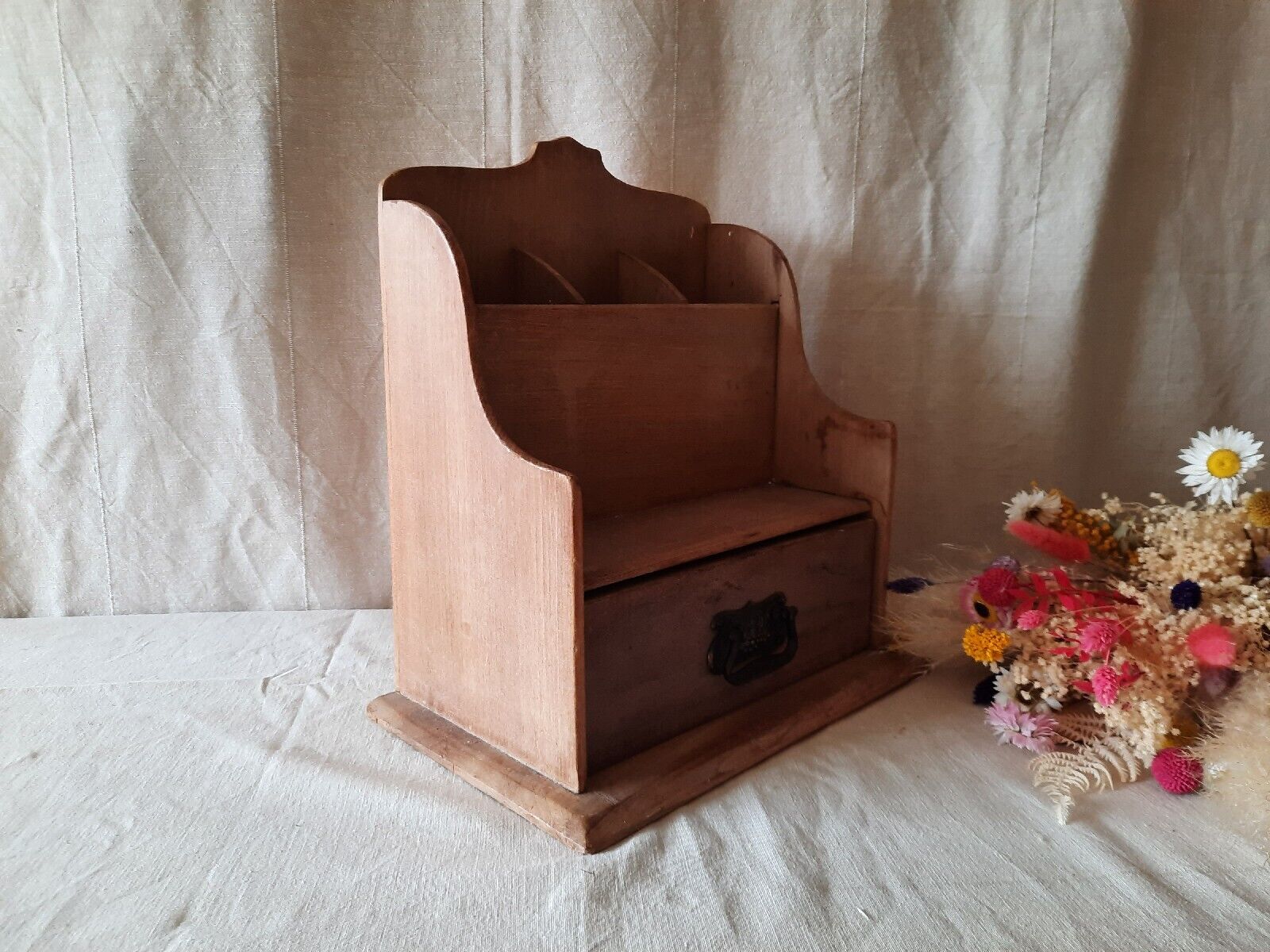 Antique Victorian Desk Tidy with Drawer / Letter Rack pen holder sections wooden