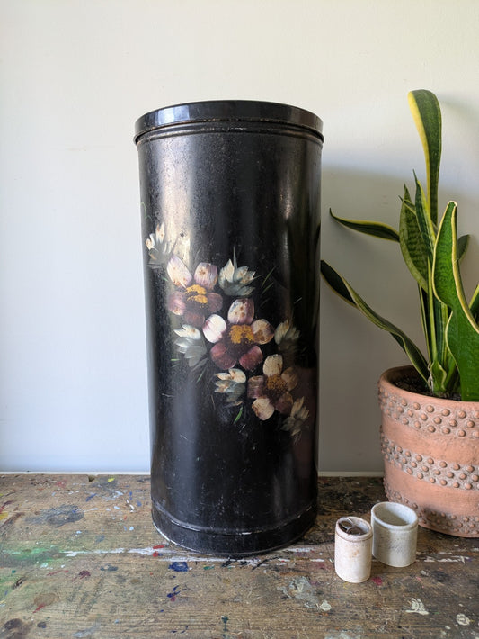 Vintage Tole Ware Waste Basket Umbrella Stand Hamper Lid Hand Painted Metal Old