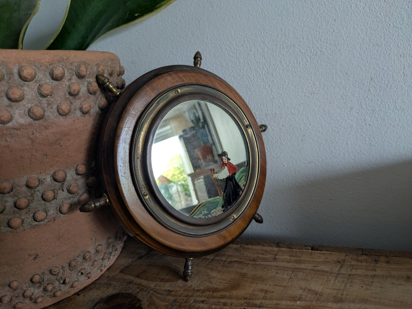 Antique Porthole Maritime Mirror Solid Oak Small Ships Wheel Nautical 1920s Vtg