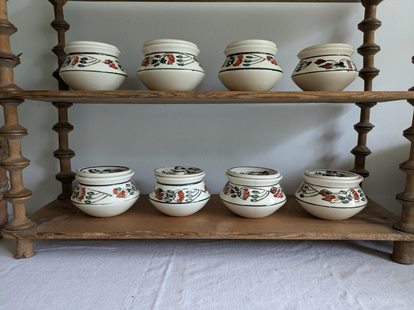 8 x Vintage Boho Ceramic spice Jars with  Lids Patterned Pots Candle Holders Vgc