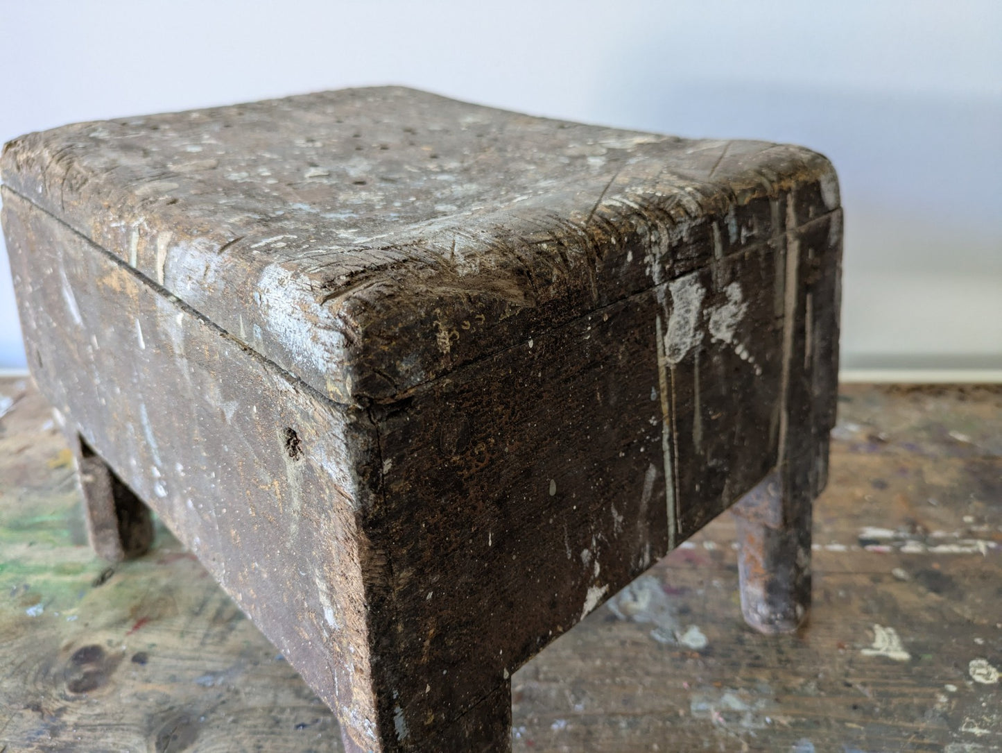 Antique Vintage Painters Stool Bench Wooden Seat Worn Distressed Artist Chippy 