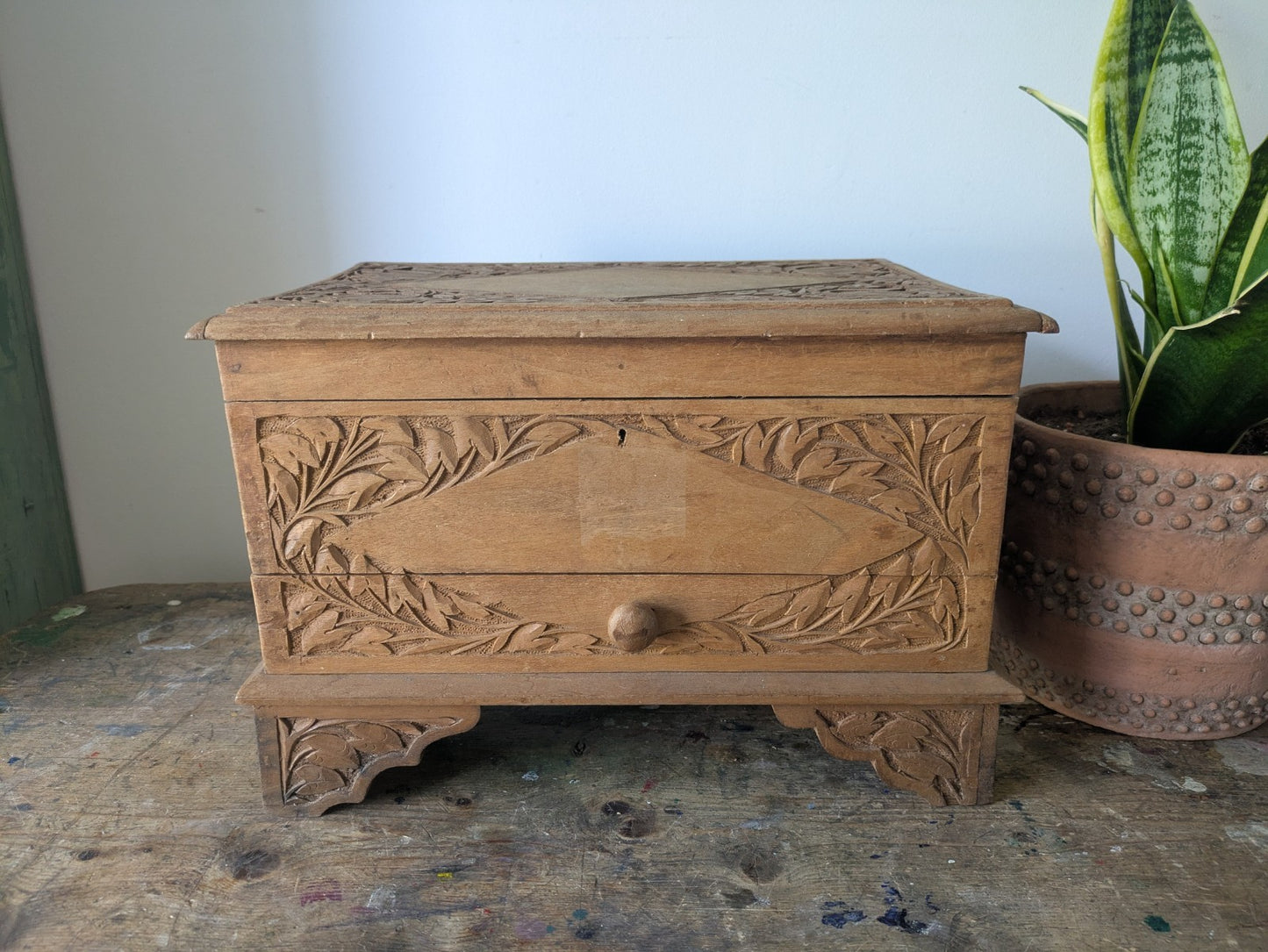 Vintage Hand Carved Indian Wooden Storage Cabinet Chest Trunk Mango Wood Box Sml