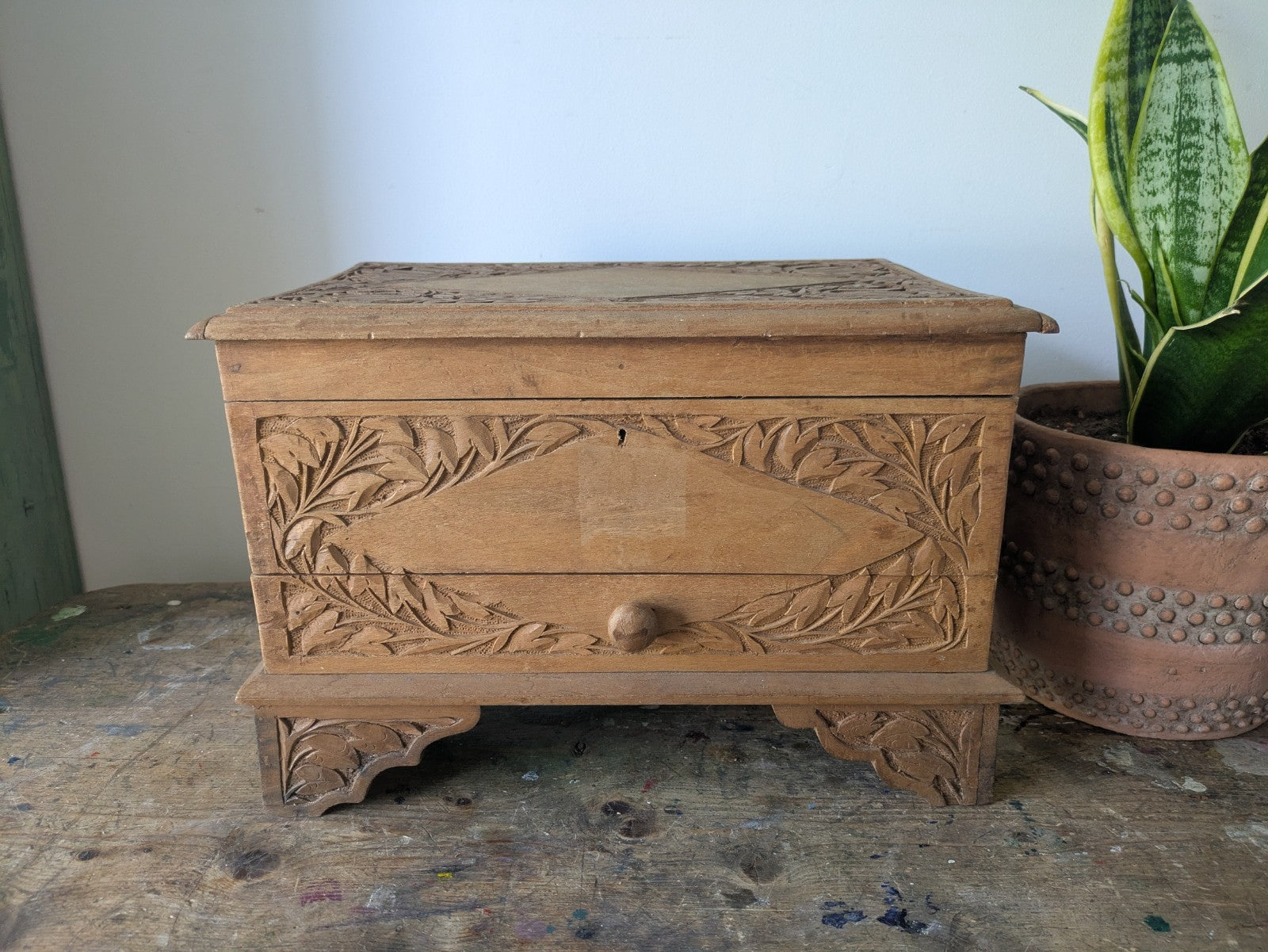 Vintage Hand Carved Indian Wooden Storage Cabinet Chest Trunk Mango Wood Box Sml