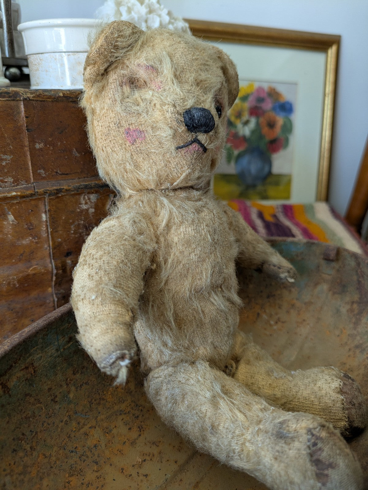 Antique Small Jointed Old Mohair Teddy Bear straw stuffed vintage RARE worn toy