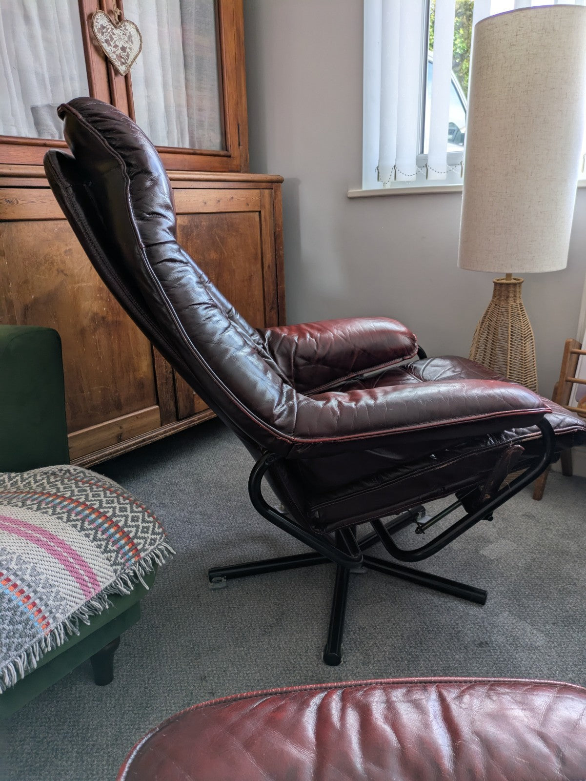 MCM Skoghaug Industries Oxblood Red Leather Swivel Recliner Armchair & Stool 60s