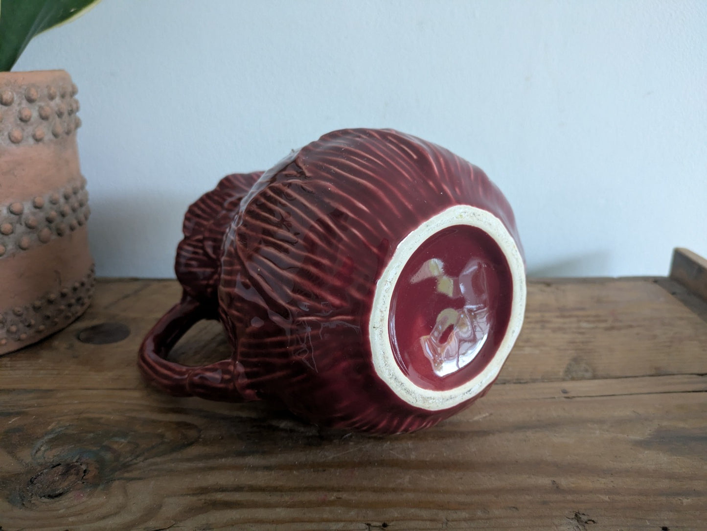 Olfaire Made In Portugal Burgundy Cabbage Majolica Pitcher Vintage MCM Vase Rare