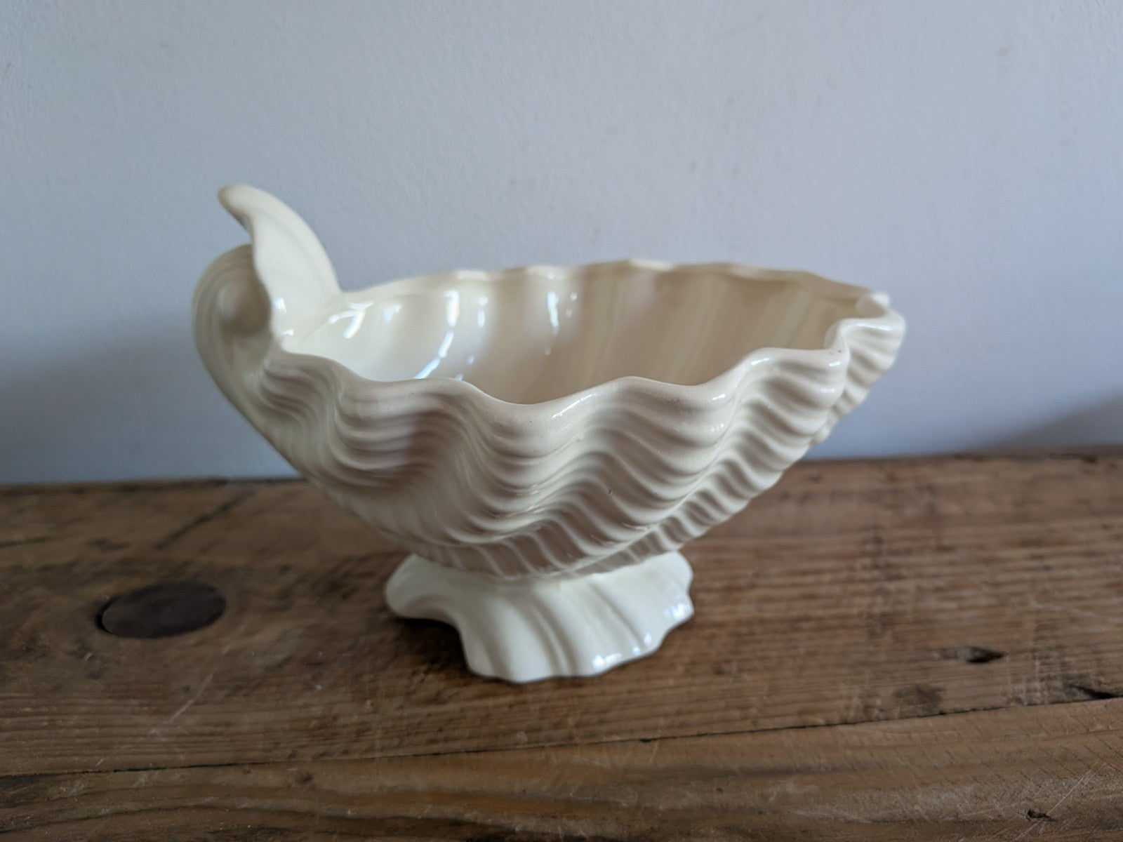 Vintage White Clam Shell Pottery Planter Footed Bowl Mid Century Bowl Planter