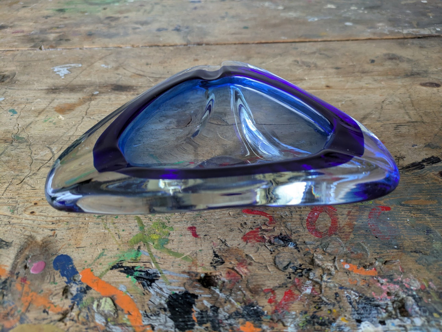 VINTAGE ITALIAN MURANO SOMMERSO  ART GLASS DISH MID CENTURY Modern Ash Tray BLUE