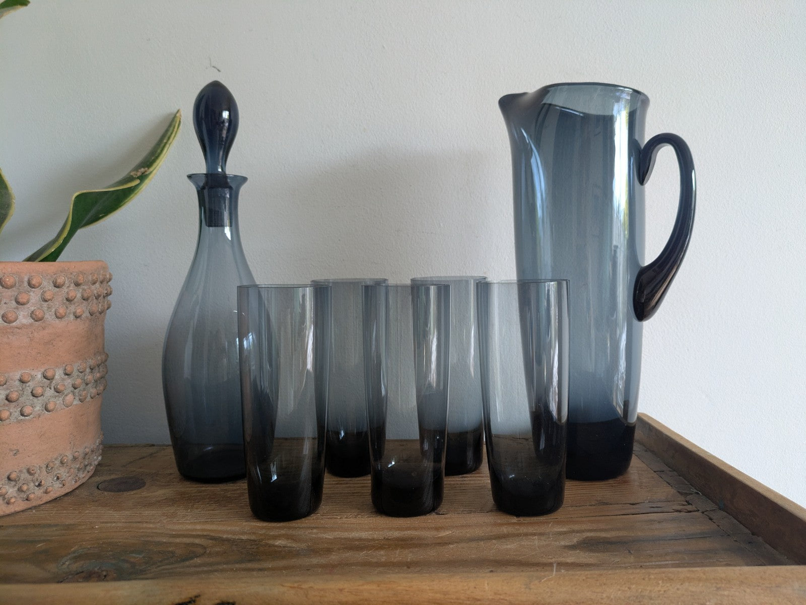 Vintage Italian Smokey Blue Decanter Pitcher Jug Glasses Hand Blown Set Mid Cent